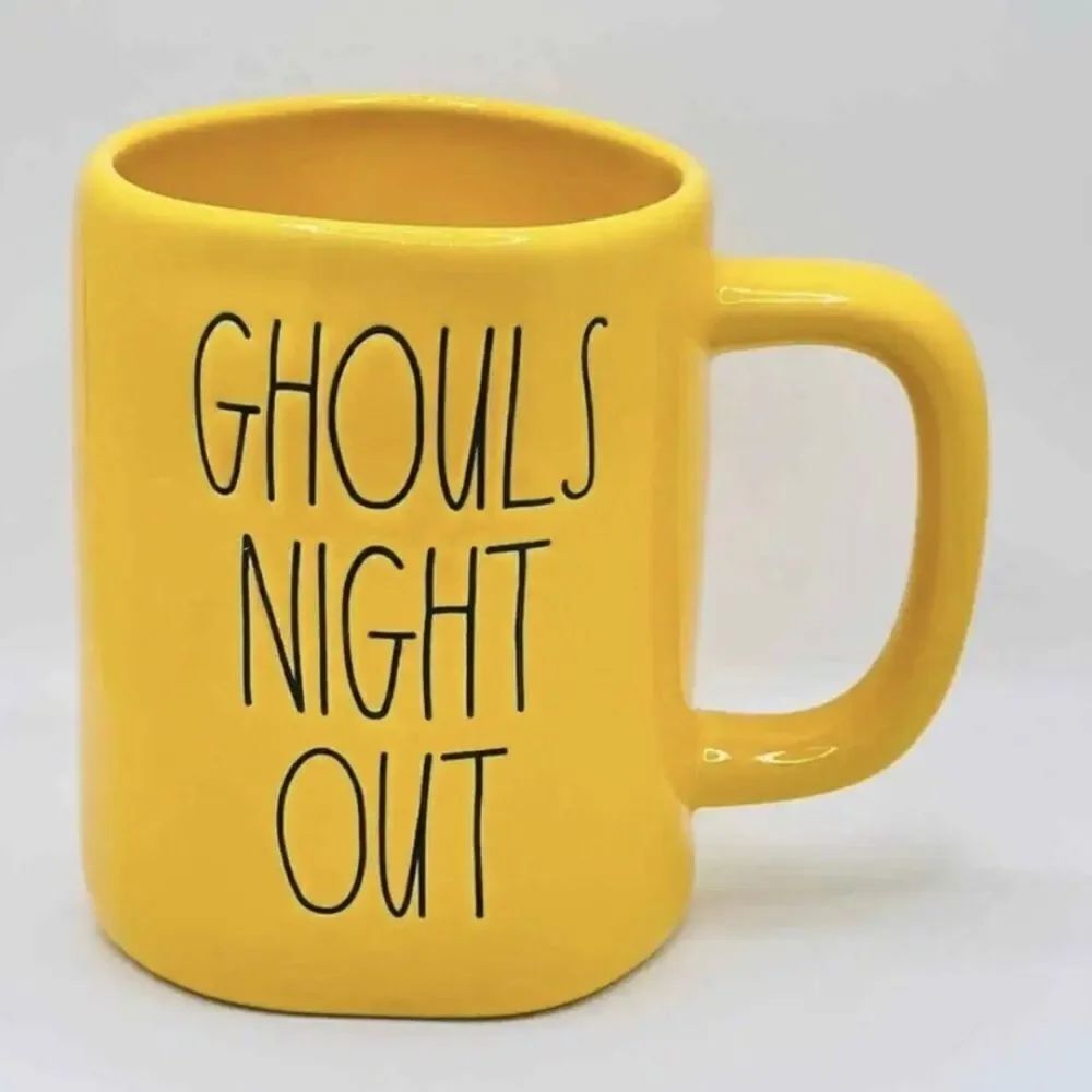 Rae Dunn Yellow Black Lettering Ghouls Night Out Ceramic Tea Coffee Mug